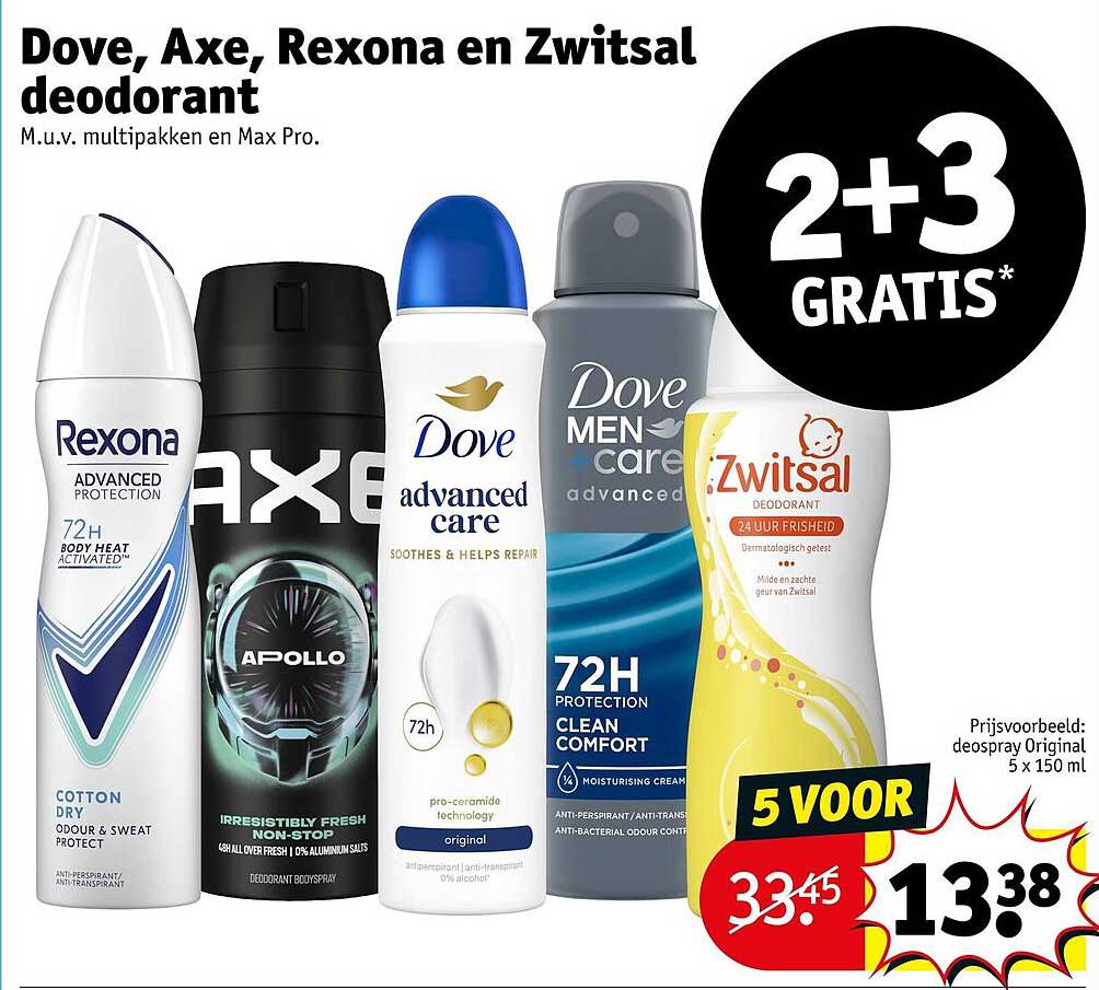 Dove, Axe, Rexona en Zwitsal deodorant 2+3 gratis