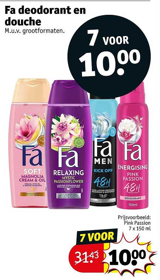 Fa deodorant en douche m.u.v. grootformaten 7 voor 10.00