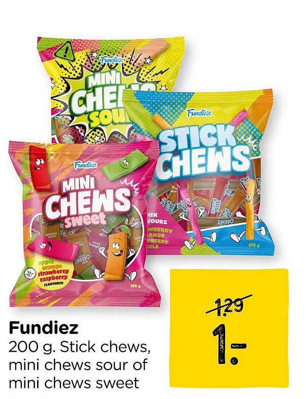 Fundiez 200 g. Stick chews, mini chews sour of mini chews sweet