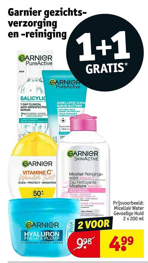 Garnier gezichtsverzorging en -reiniging 1+1 GRATIS*