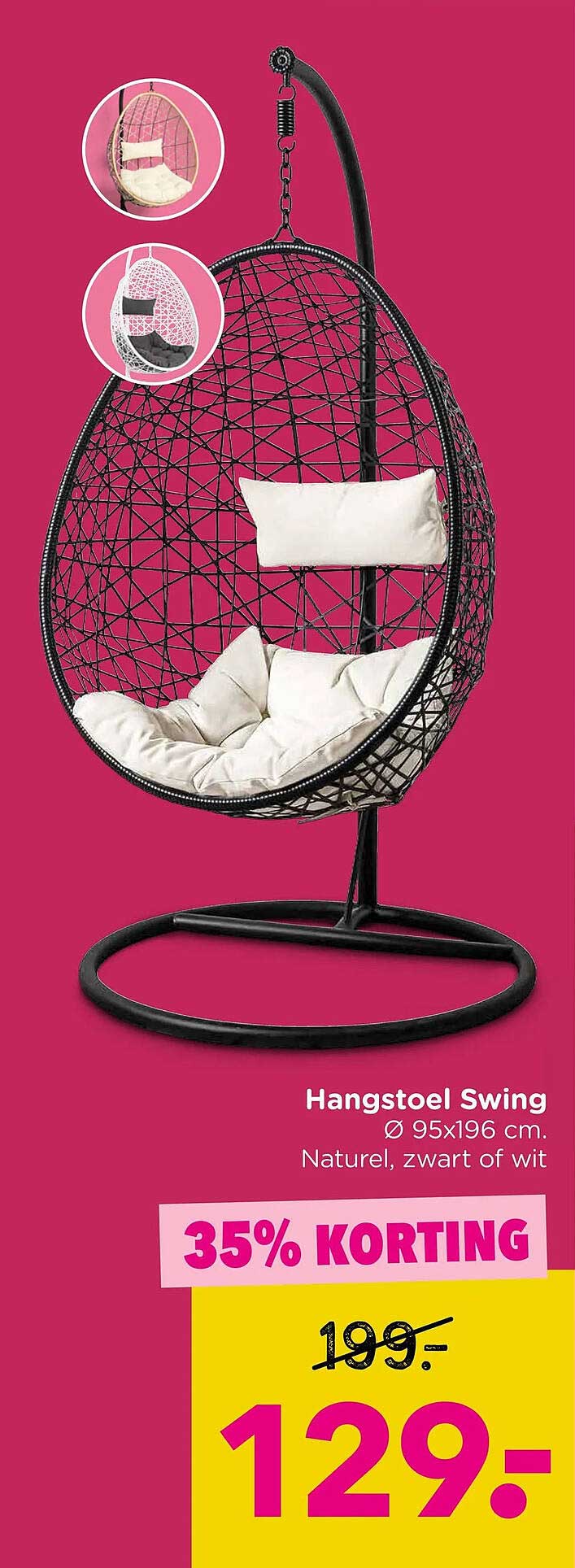 Hangstoel Swing Ø 95x196 cm. Naturel, zwart of wit 35% KORTING