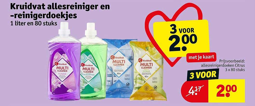 Kruidvat allesreiniger en -reinigdoekjes 1 liter en 80 stuks 3 voor 2.00 met je kaart