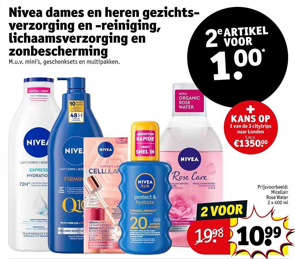 Nivea dames en heren gezichts-verzorging en -reiniging, lichaamsverzorging en zonbescherming 2e artikel voor 1.00