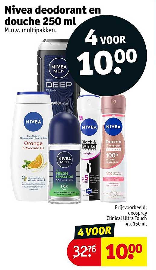 Nivea deodorant en douche 250 ml 4 VOOR 10.00