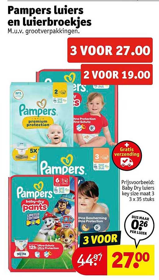 Pampers luiers en luierbroekjes M.u.v. grootverpakkingen. 3 VOOR 27.00 2 VOOR 19.00