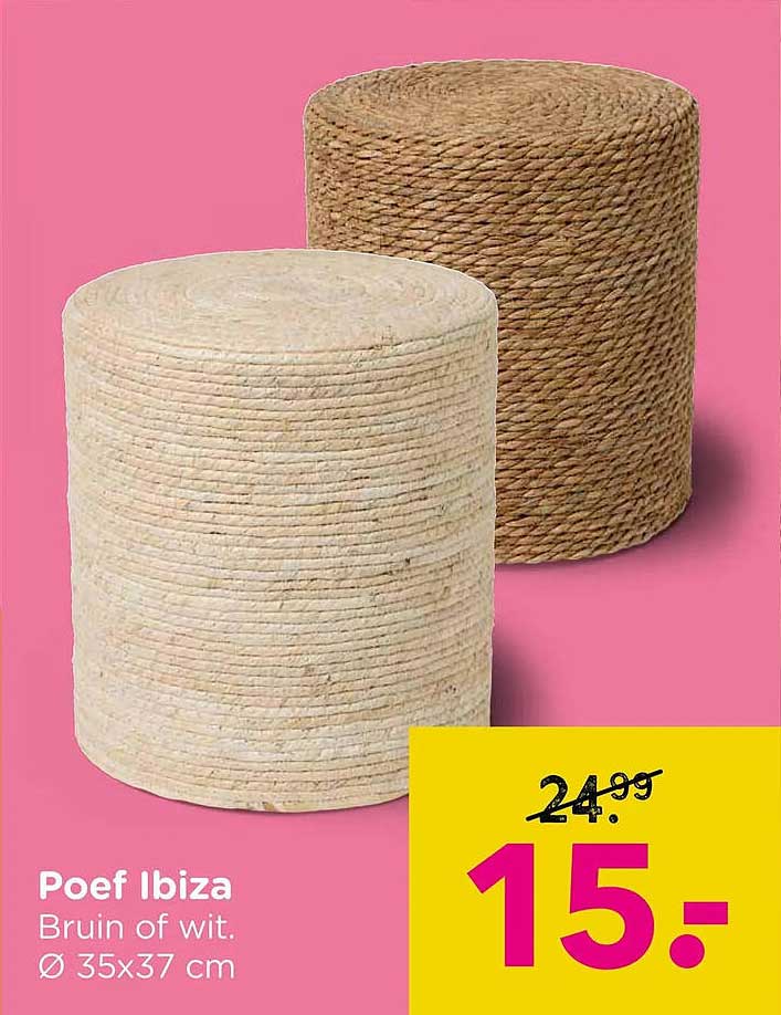 Poef Ibiza Bruin of wit. Ø 35x37 cm