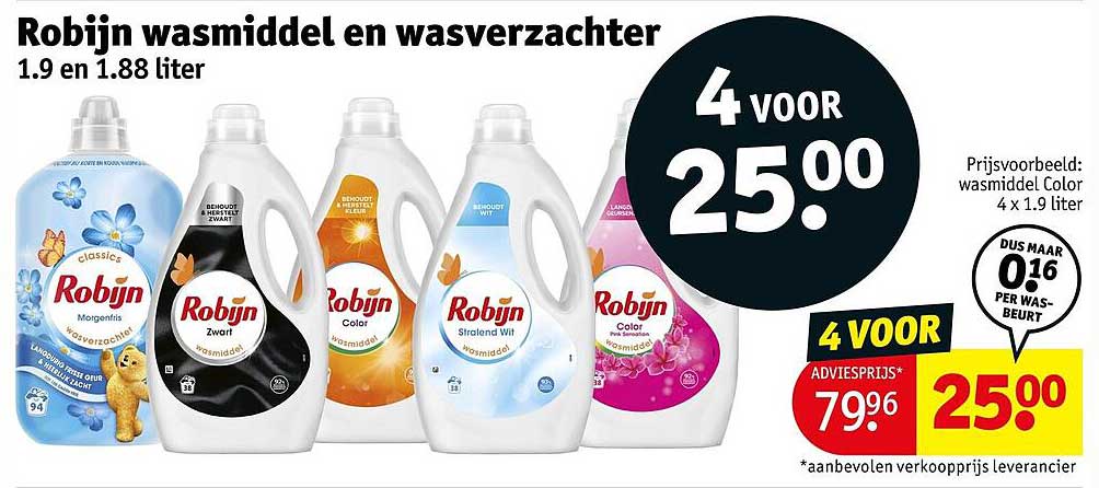 Robijn wasmiddel en wasverzachter 1.9 en 1.88 liter 4 VOOR 25.00