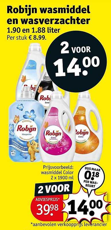 Robijn wasmiddel en wasverzachter 1.90 en 1.88 liter 2 voor 14.00