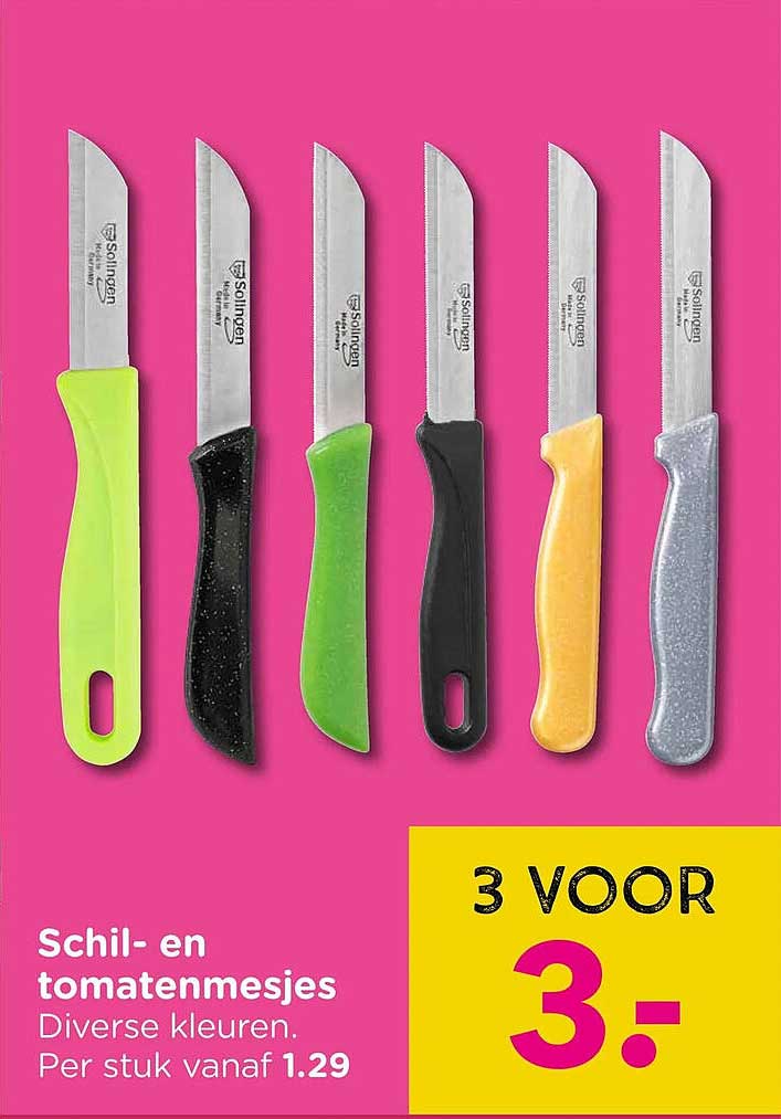 Schil- en tomatenmesjes Diverse kleuren. Per stuk vanaf 1.29 3 voor 3,-