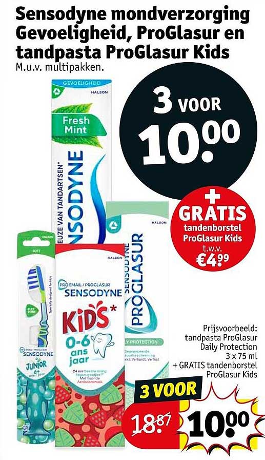 Sensodyne mondverzorging Gevoeligheid, ProGlasur en tandpasta ProGlasur Kids M.u.v. multipakken. 3 voor 10.00 + GRATIS tandenborstel ProGlasur Kids t.w.v. €4.99