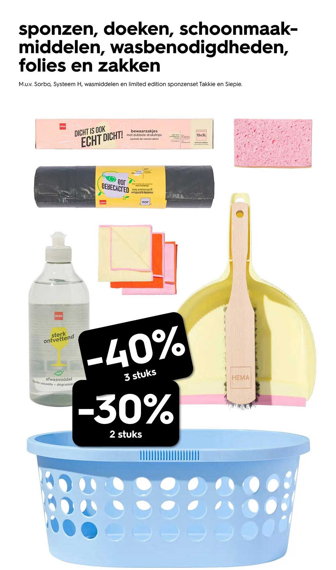 sponzen, doeken, schoonmaakmiddelen, wasbenodigdheden, folies en zakken