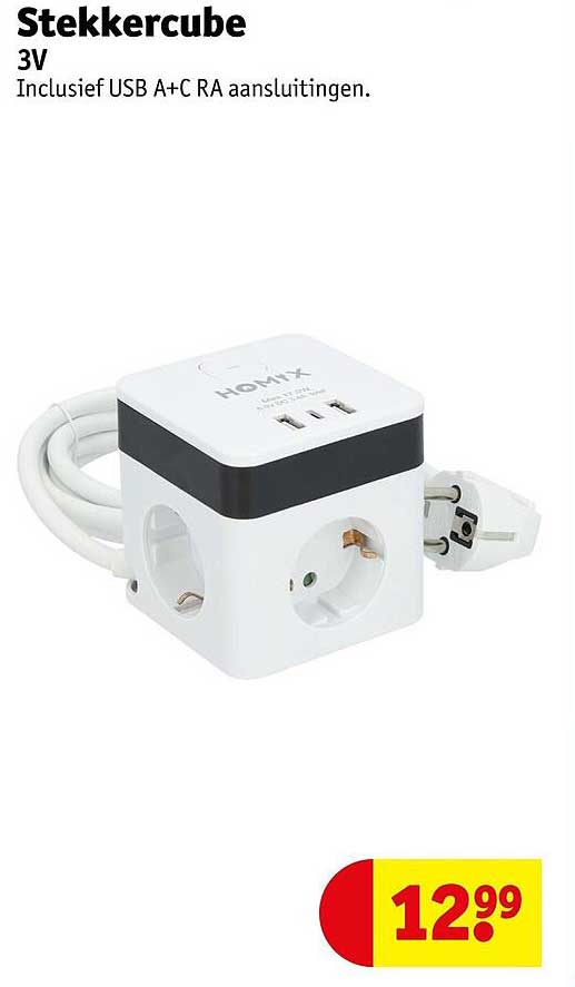 Stekkercube 3V Inclusief USB A+C RA aansluitingen.