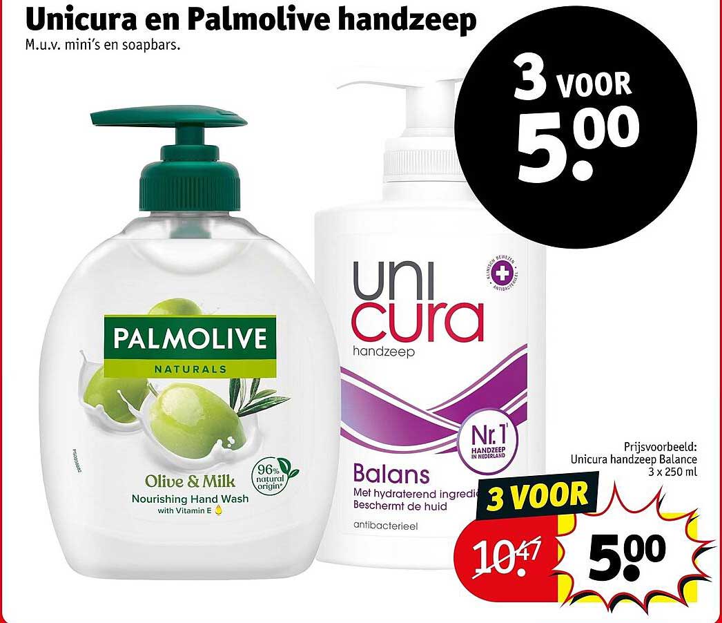 Unicura en Palmolive handzeep 3 voor 5.00