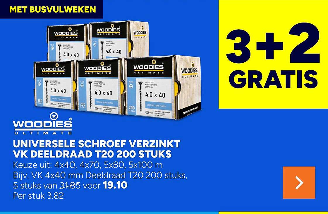 Universele schroef verzinkt VK deeldraad T20 200 stuks 3+2 gratis
