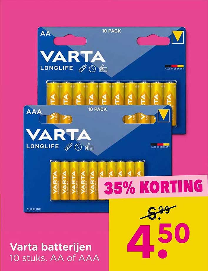 Varta batterijen 10 stuks. AA of AAA 35% KORTING