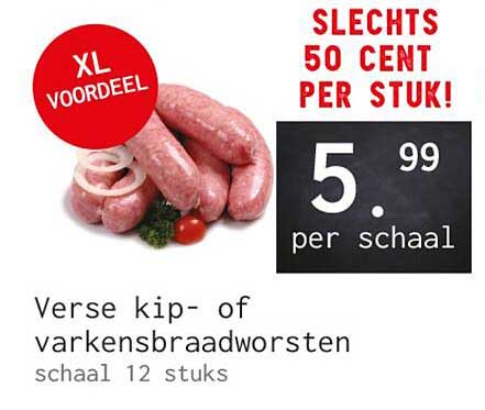 Verse kip- of varkensbraadworsten schaal 12 stuks
