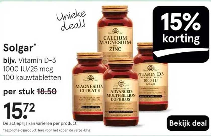 15% korting op Solgar producten, bijv. Vitamin D-3 1000 IU/25 mcg 100 kauwtabletten