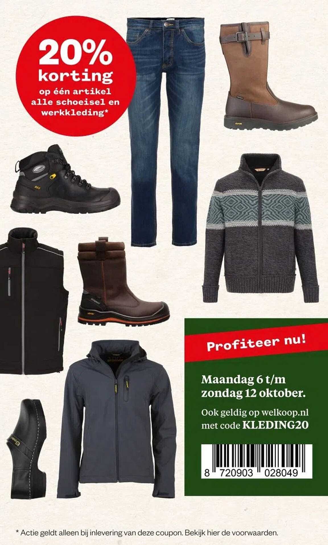 20% korting op één artikel alle schoeisel en werkkleding
