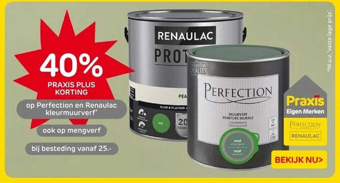 40% PRAKIS PLUS KORTING op Perfection en Renau Lac kleurverf