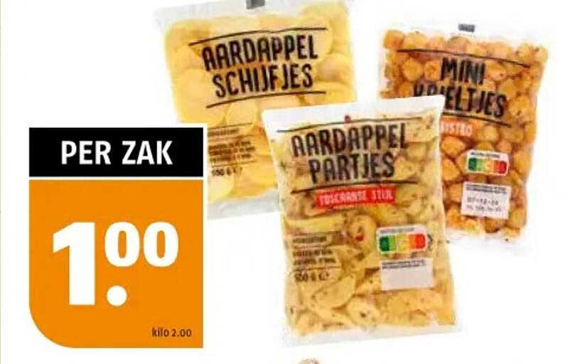 Aardappel Schijfjes, Aardappel Partjes en Mini Aardappeltjes per zak voor €1,00