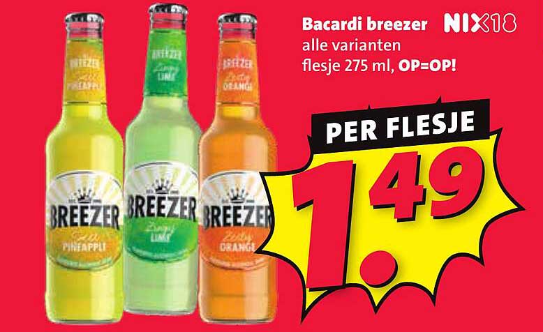 Bacardi Breezer alle varianten flesje 275 ml, OP=OP!