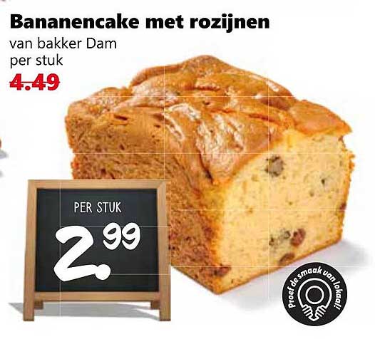 Bananencake met rozijnen van bakker Dam per stuk