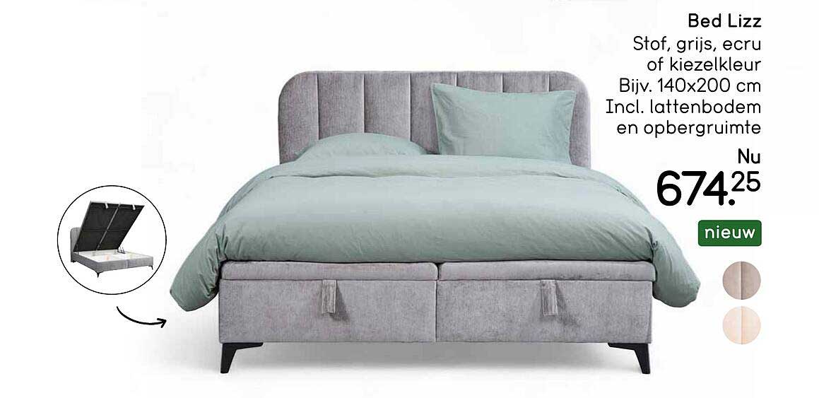 Bed Lizz Stof, grijs, ecru of kiezelkleur Bijv. 140x200 cm Incl. lattenbodem en opbergruimte