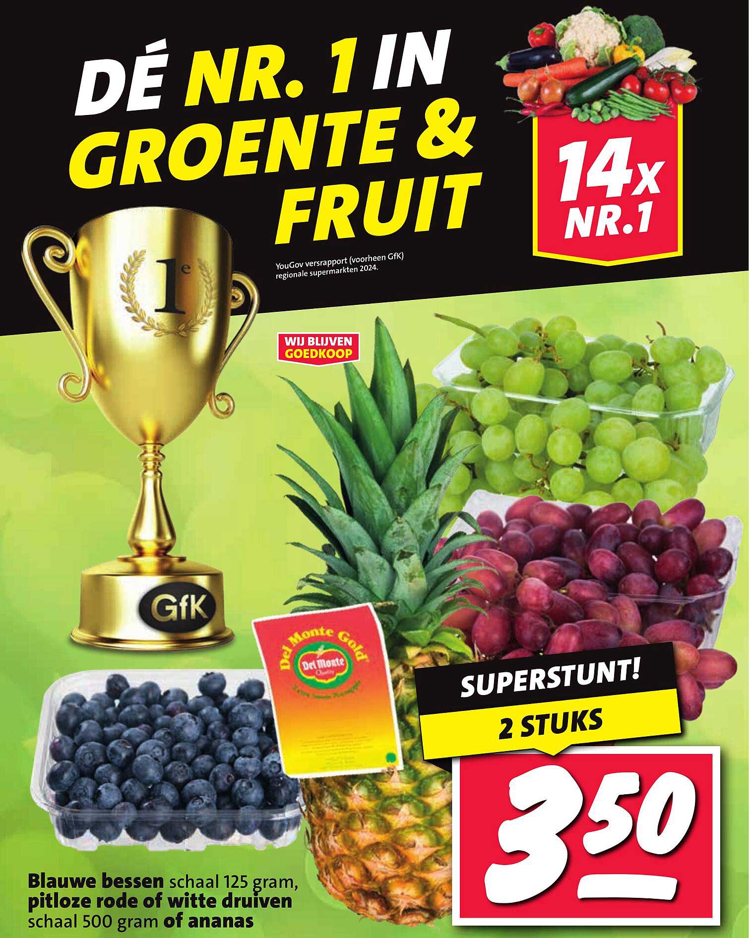 Blauwe bessen schaal 125 gram, pitloze rode of witte druiven schaal 500 gram of ananas
