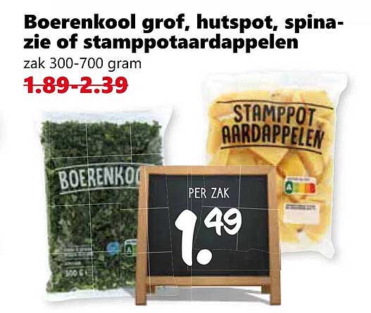 Boerenkool grof, hutspot, spinazie of stampotaardappelen zak 300-700 gram