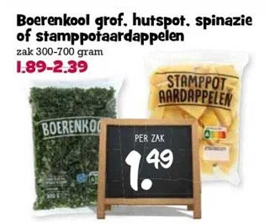 Boerenkool grof, hutspot, spinazie of stamppotaardappelen zak 300-700 gram