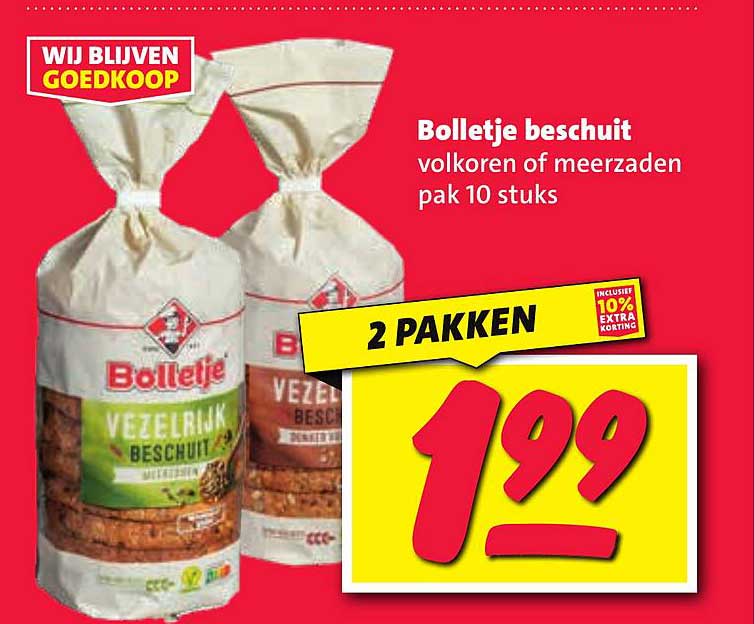 Bolletje beschuit volkoren of meerzaden pak 10 stuks