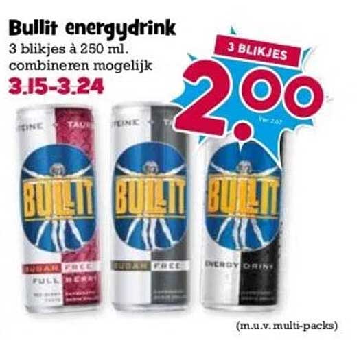 Bullit energydrink 3 blijkjes à 250 ml. combineren mogelijk