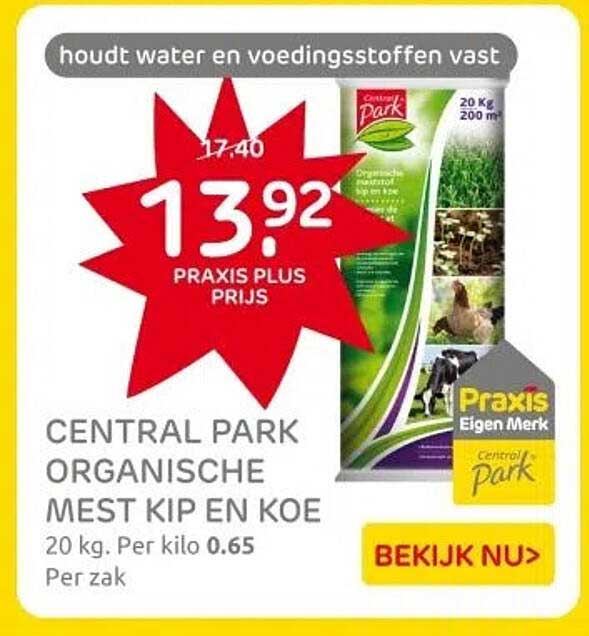 CENTRAL PARK ORGANISCHE MEST KIP EN KOE 20 kg. Per kilo 0.65