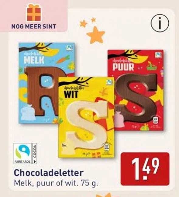 Chocoladeletter Melk, puur of wit. 75 g.