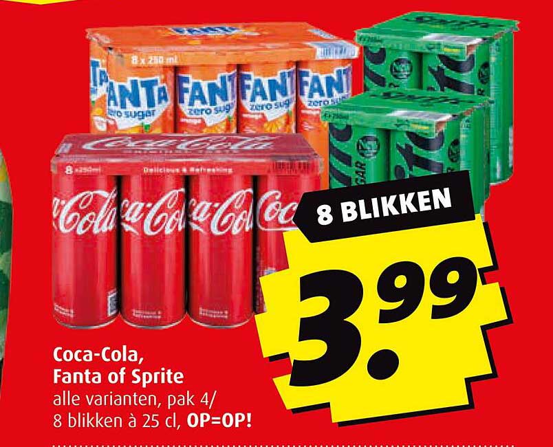 Coca-Cola, Fanta of Sprite alle varianten, pak 4/ 8 blikken à 25 cl, OP=OP!