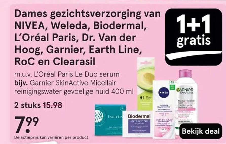 Dames gezichtsverzorging van NIVEA, Weleda, Biodermal, L’Oréal Paris, Dr. Van der Hoog, Garnier, Earth Line, RoC en Clearasil