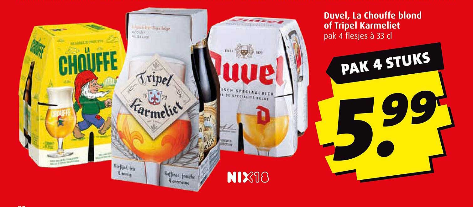 Duvel, La Chouffe blond of Tripel Karmeliet pak 4 flesjes à 33 cl
