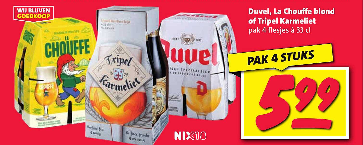 Duvel, La Chouffe blond of Tripel Karmeliet pak 4 flesjes à 33 cl