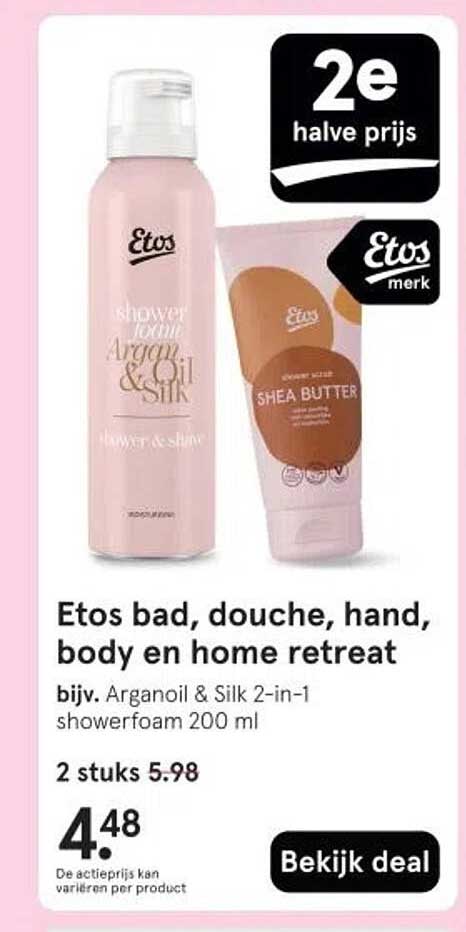 Etos bad, douche, hand, body en home retreat bijv. Arganoil & Silk 2-in-1 showerfoam 200 ml