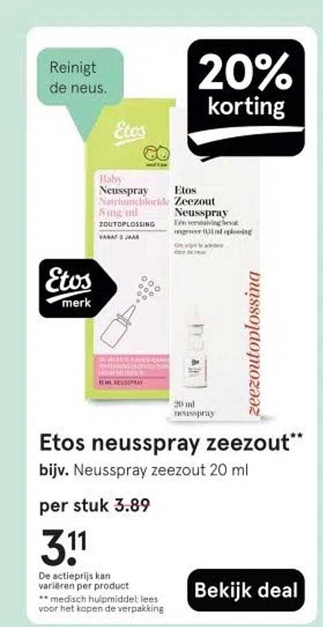 Etos neusspray zeezout** bijv. Neusspray zeezout 20 ml