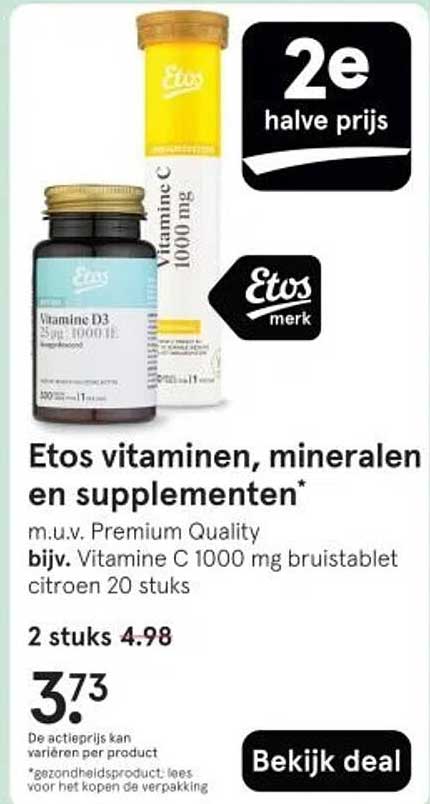 Etos vitaminen, mineralen en supplementen* m.u.v. Premium Quality bijv. Vitamine C 1000 mg bruistablet citroen 20 stuks