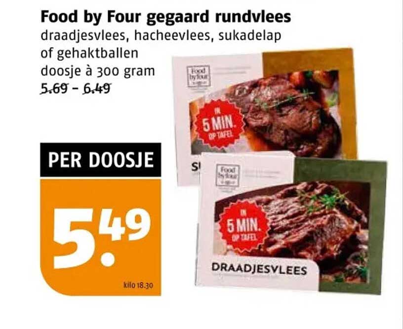 Food by Four gegaard rundvlees draadjesvlees, hacheevlees, sukadelap of gehaktballen doosje à 300 gram