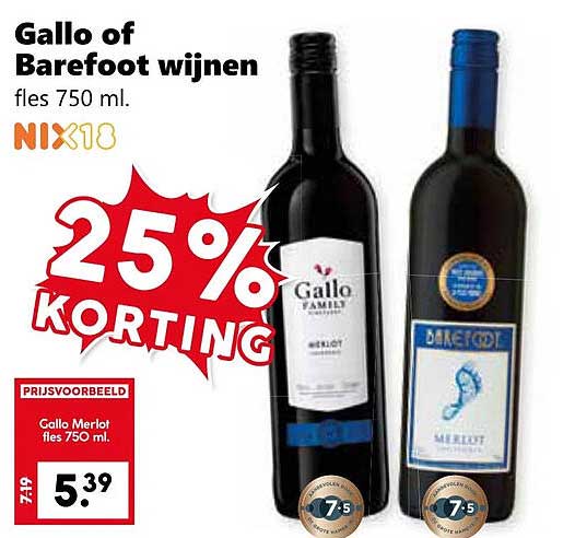 Gallo of Barefoot wijnen fles 750 ml.