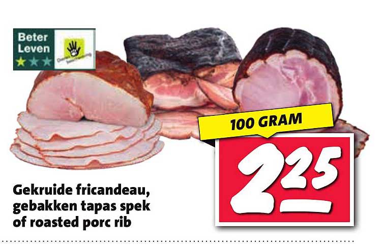 Gekruide fricandeau, gebakken tapas spek of roasted porc rib