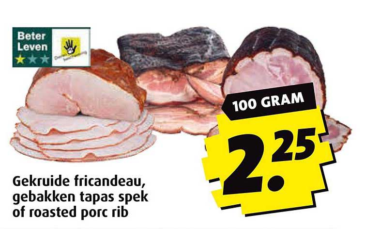 Gekruide fricandeau, gebakken tapas spek of roasted porc rib