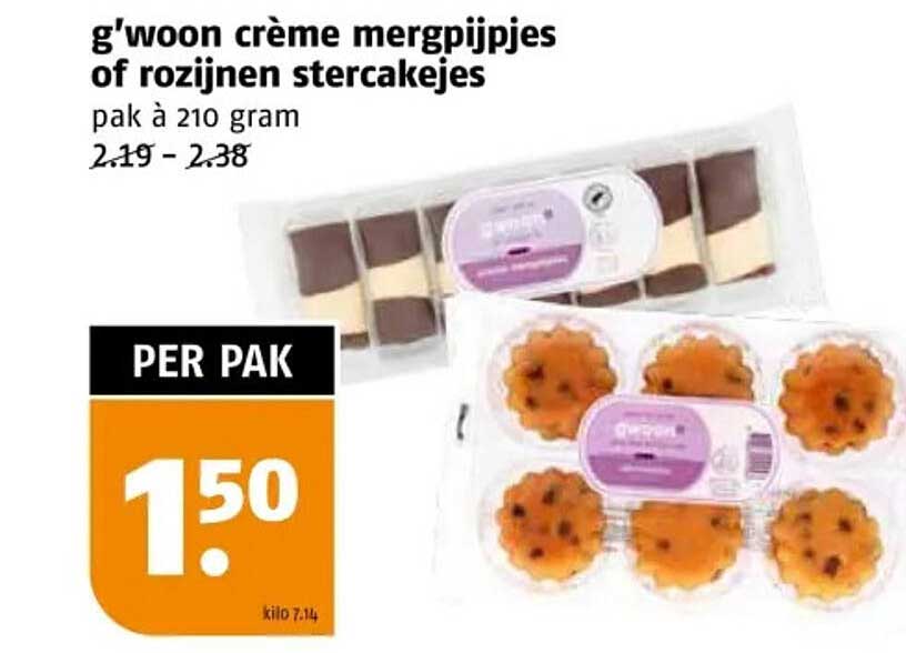 g'woon crème mergpijpjes of rozijnen stercakejes pak à 210 gram