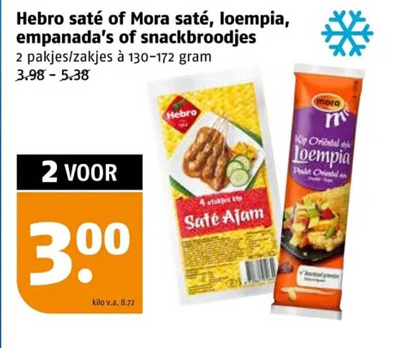 Hebro saté of Mora saté, loempia, empanada's of snackbroodjes