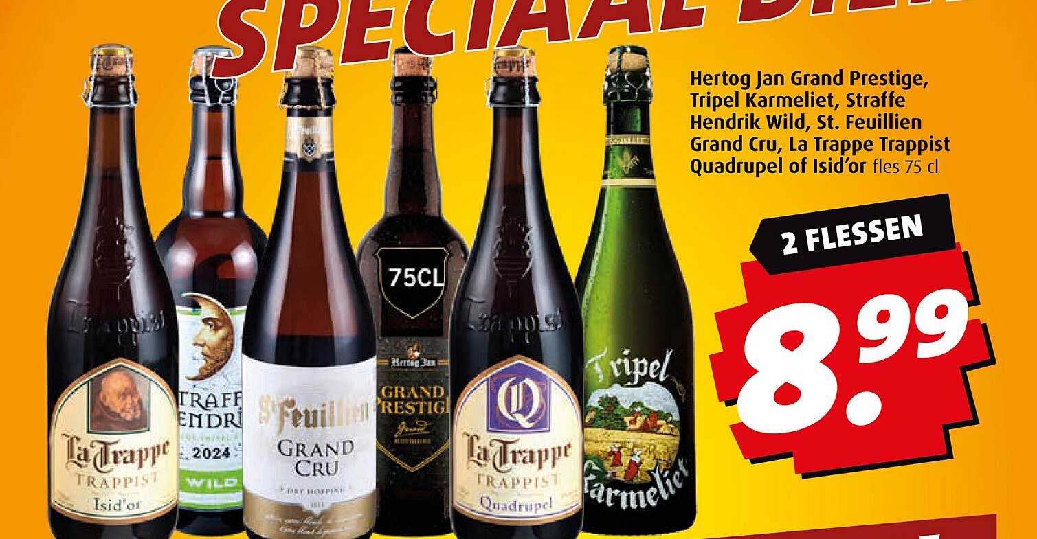 Hertog Jan Grand Prestige, Tripel Karmeliet, Straffe Hendrik Wild, St. Feuillien Grand Cru, La Trappe Trappist Quadrupel of Isid’or fles 75 cl