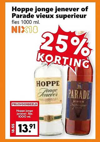 Hoppe jonge jenever of Parade vieux superieur fles 1000 ml.