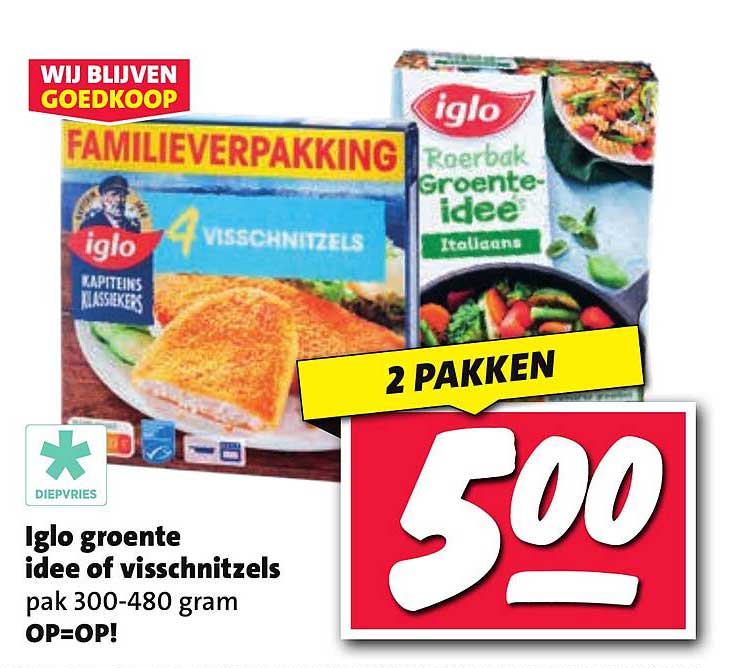 Iglo groente idee of visschnitzels pak 300-480 gram OP=OP!